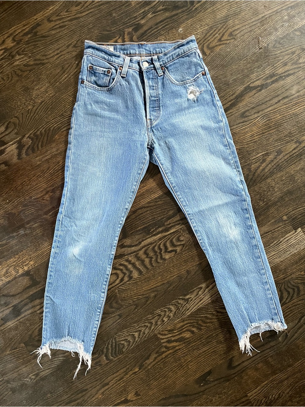 Levi's 501 Light Blue High-Rise Cropped Frayed Hem Distressed Jeans Size 24